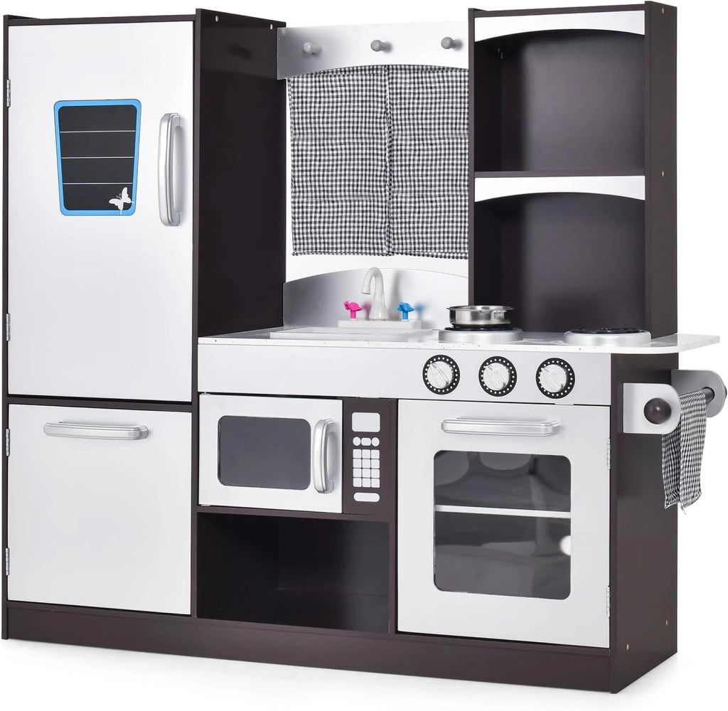Cucina Giocattolo in Legno per Bambini con Frigorifero, Forno, Microonde, Rubinetto, Lavello e Tenda - per 3+ Anni