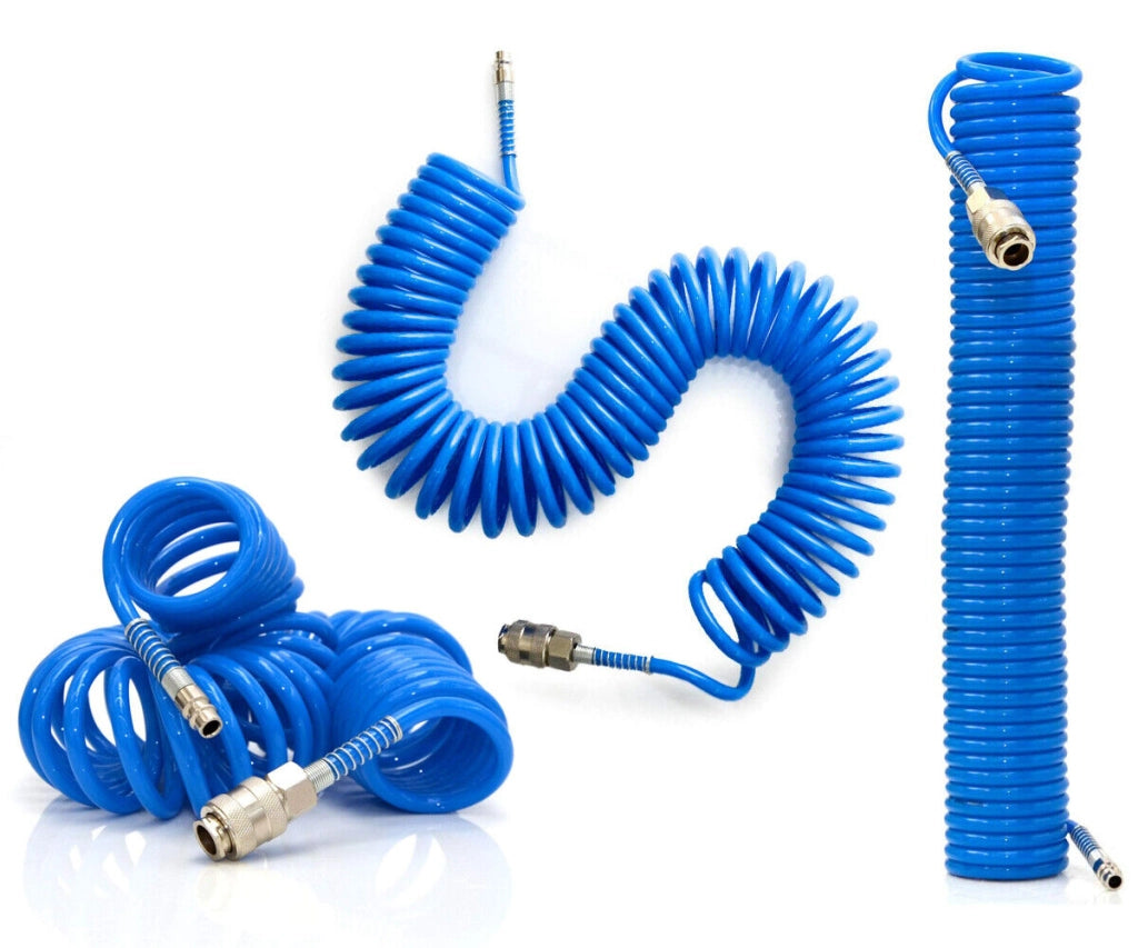 TUBO ARIA COMPRESSA SPIRALE 10 METRI FLESSIBILE PER COMPRESSORE RACCORDO BLU