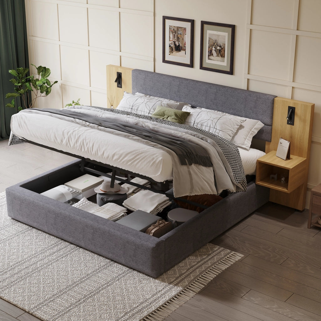 OKWISH Letto Contenitore 160×200 cm, Letto Matrimoniale con USB, Tipo C, Illuminazione e 2 Comodini, senza Materasso, in Velluto, Grigio e Naturale