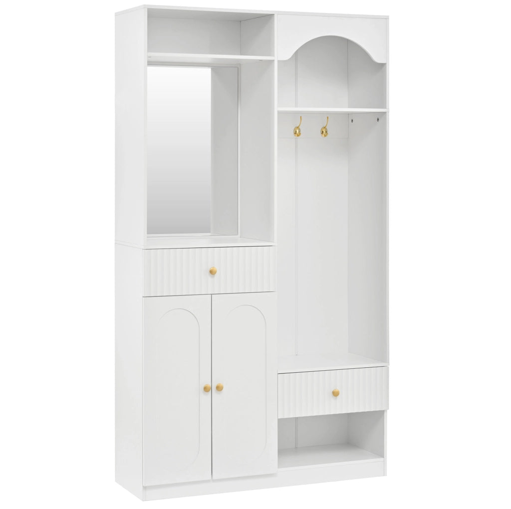 Guardaroba da ingresso 100x35x180 cm con specchio; appendiabiti; panca e LED in MDF bianco