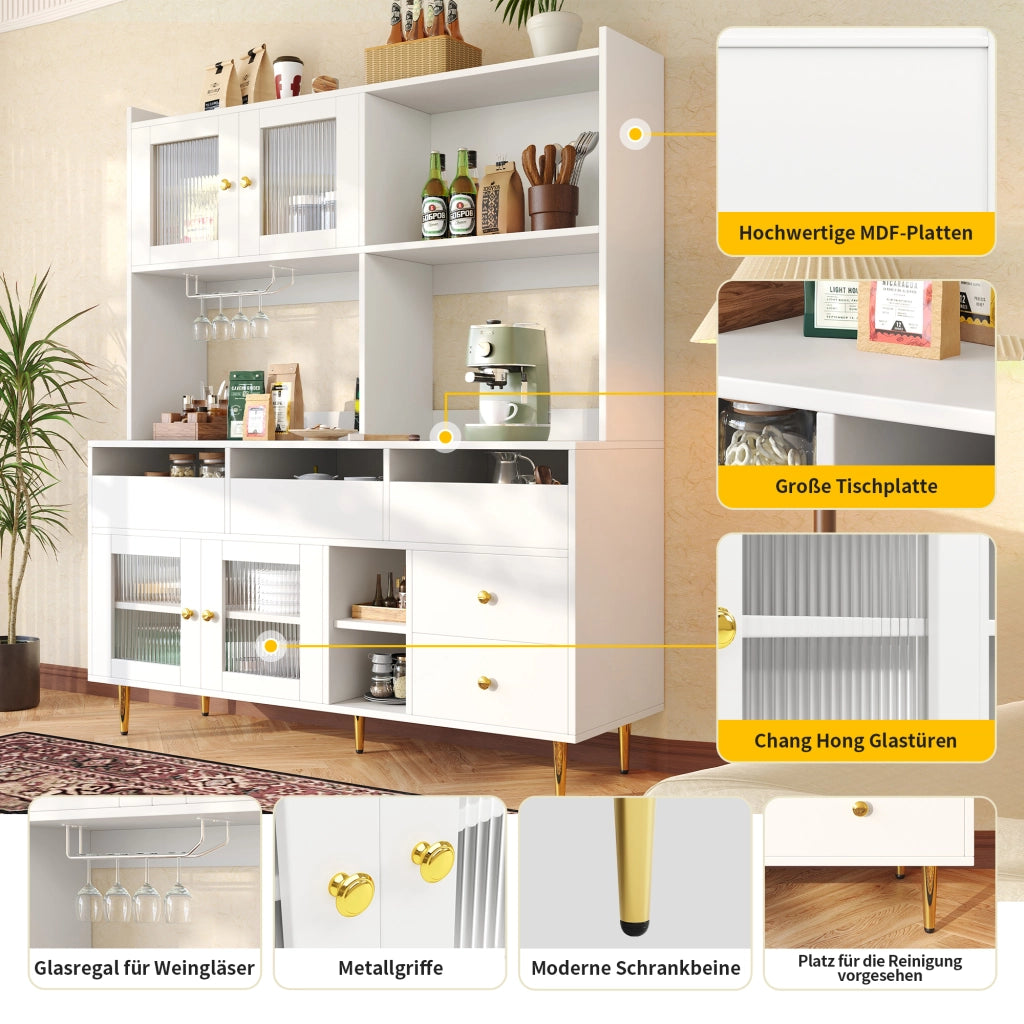 MADIA 145x39x171 cm Bianca in MDF con ante in vetro e portabottiglie