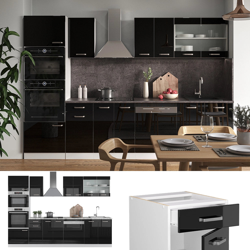 Vicco Cucina componibile Nero lucido 300 cm con armadio alto, PL Marmo