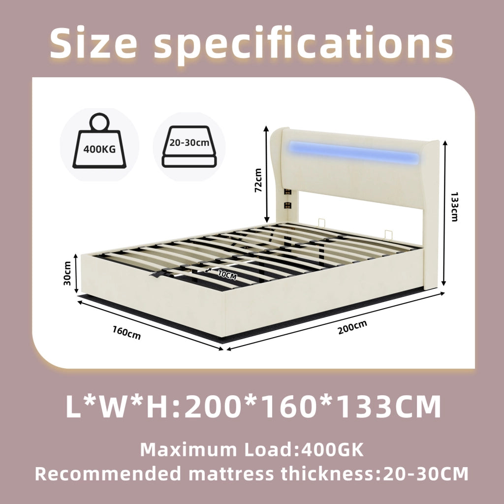 Letto imbottito ULEVR 160x200 cm con testiera regolabile e illuminazione LED multicolore, beige