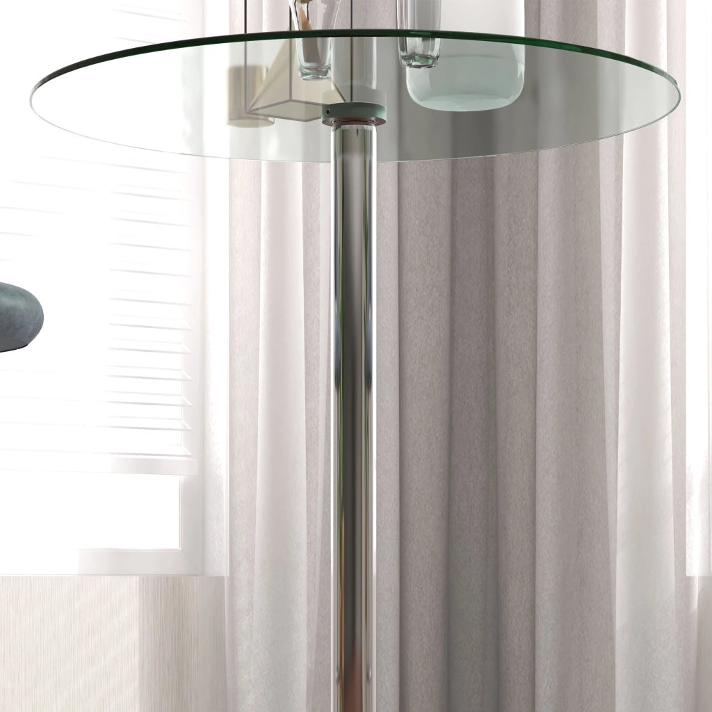 Tavolo Alto da Bar Moderno Rotondo con Base Ø70x102 cm in Acciaio e Piano in Vetro Trasparente