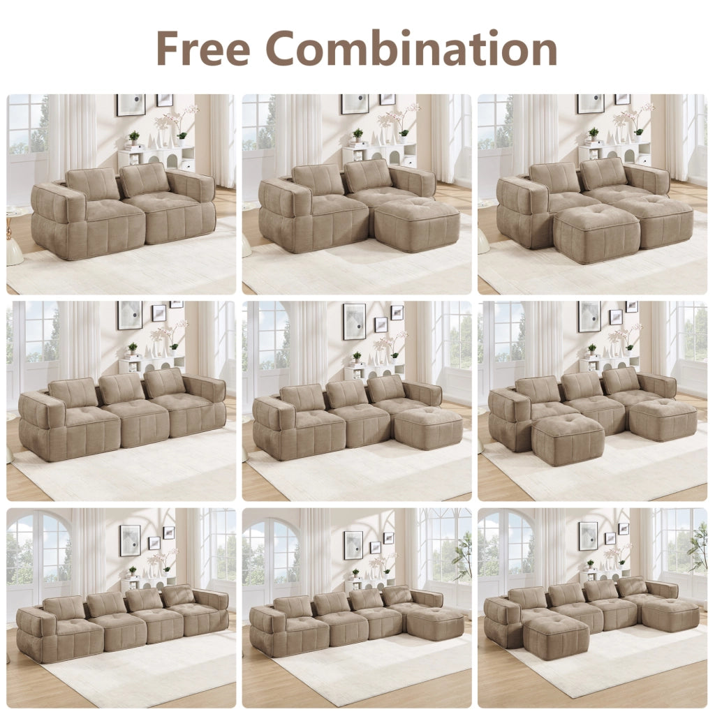 Divano modulare angolare con pouf 344x162x67 cm in poliestere; color sabbia