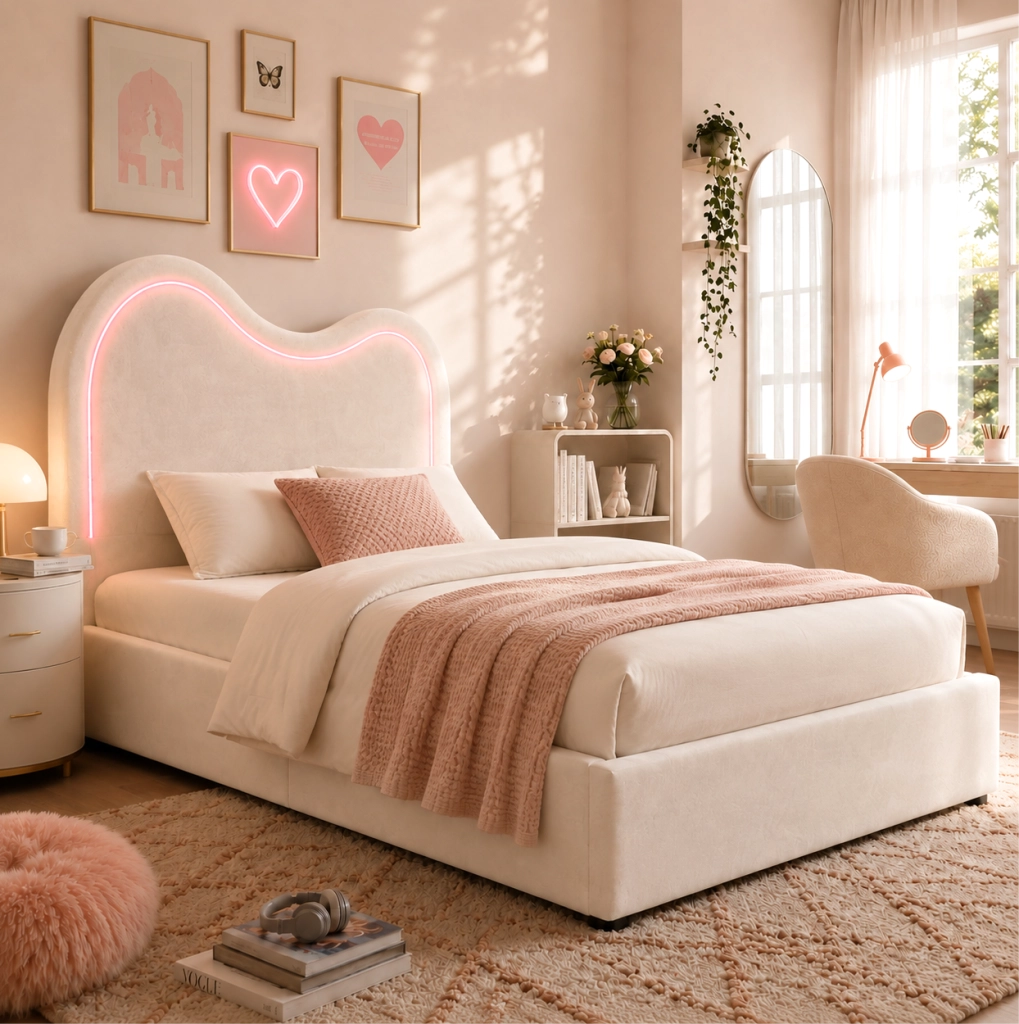 Letto singolo imbottito per bambini 90x200 cm con contenitore idraulico; rete a doghe e LED; beige