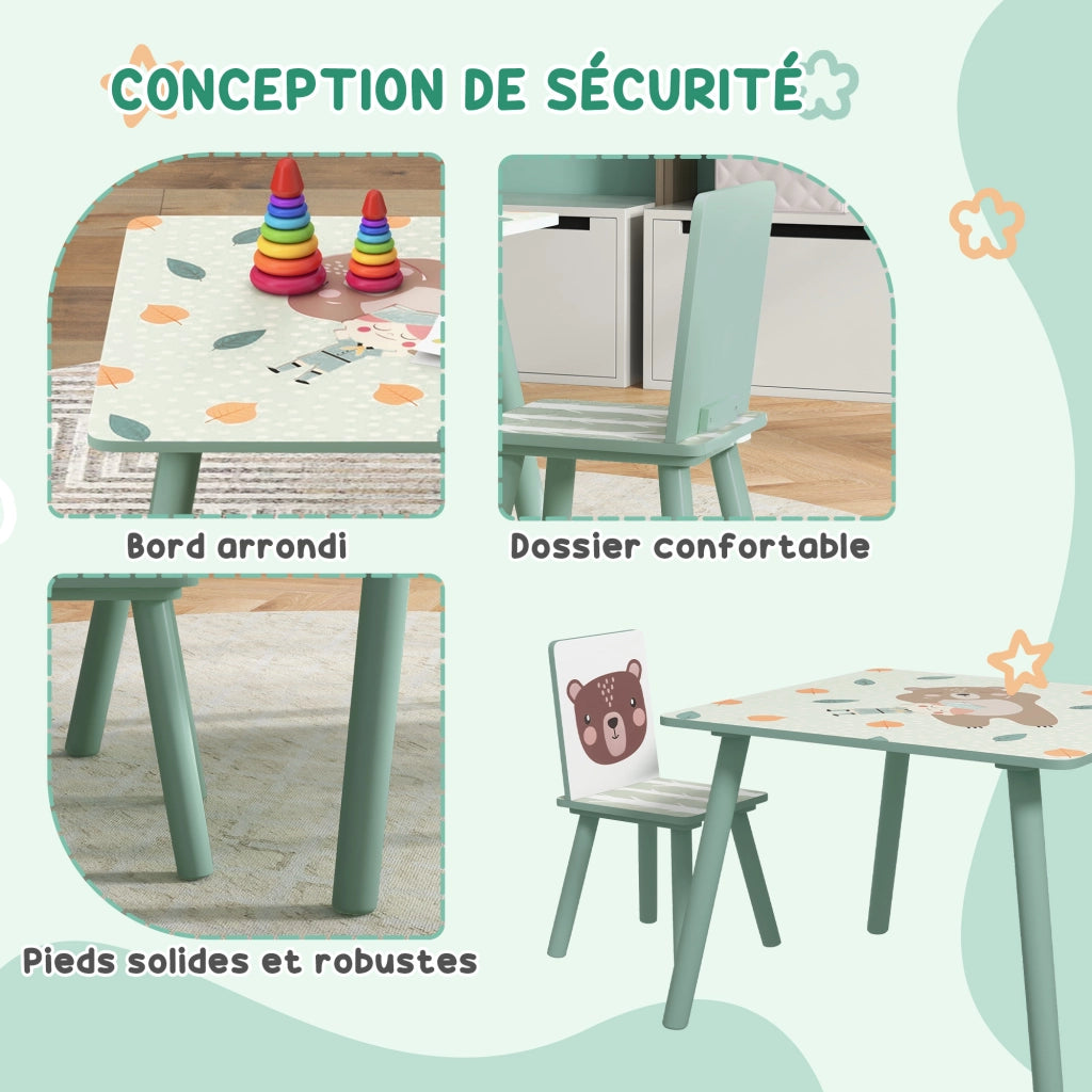 Tavolo per bambini con sedie ¨C zephmum ¨C 3 pezzi verde motivo animali