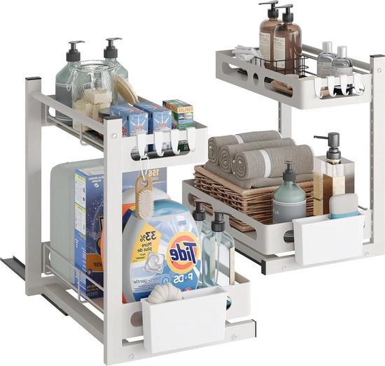 Set di 2 organizzatori per spazzolino da denti a 2 piani sotto lavabo - ripiegabile mensole per cucina/bagno (bianco)