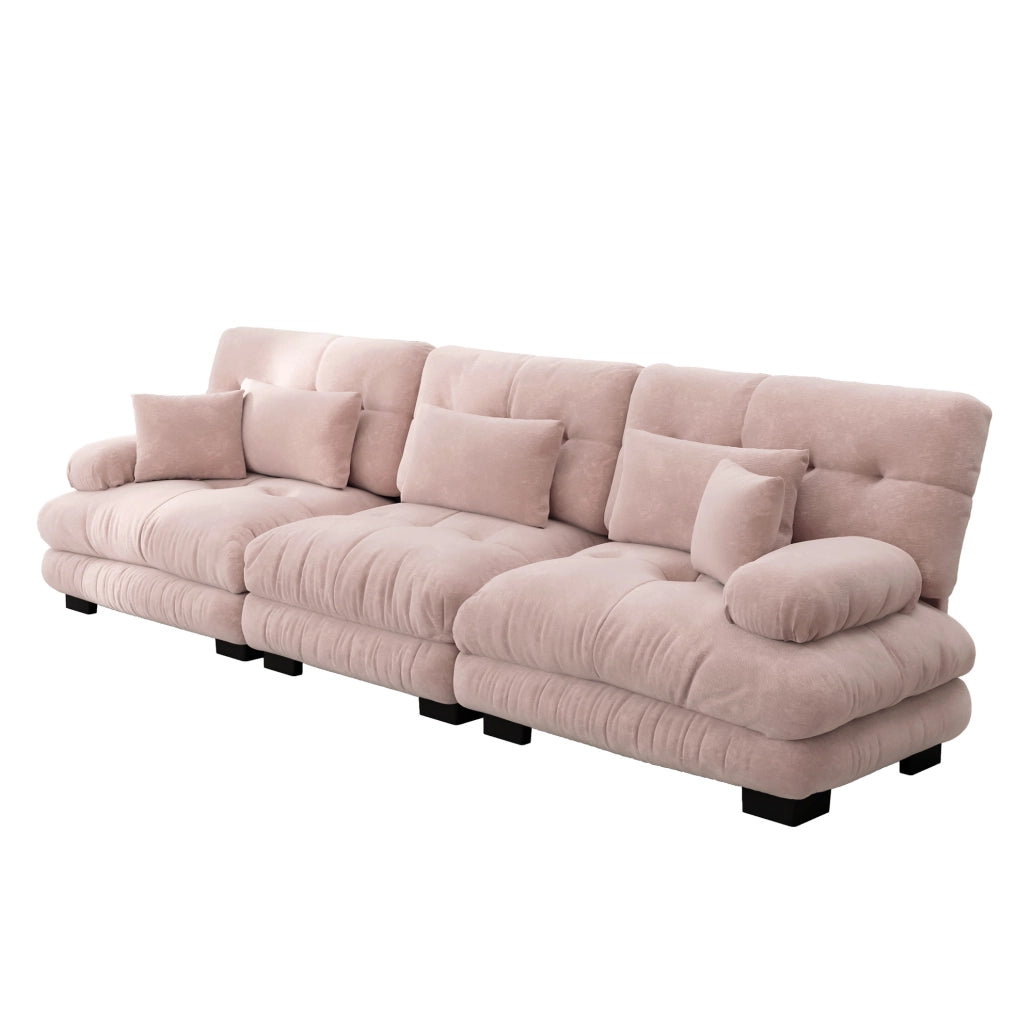 Divano angolare modulare 3 posti in chenille rosa con seduta profonda e imbottitura confortevole