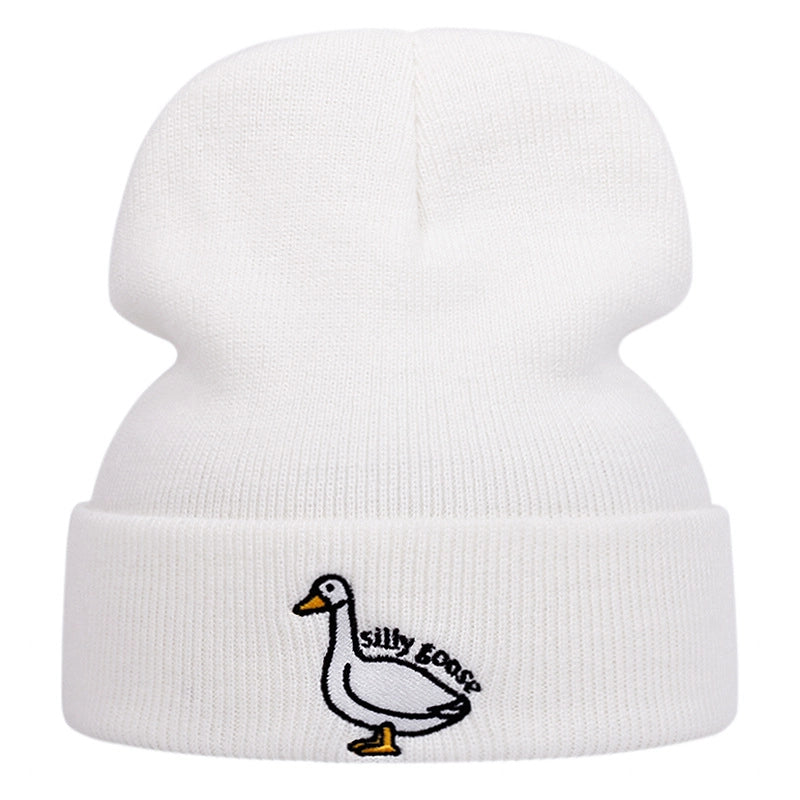 Cappelli invernali caldi lavorati a maglia con ricamo Silly Goose, colore bianco.