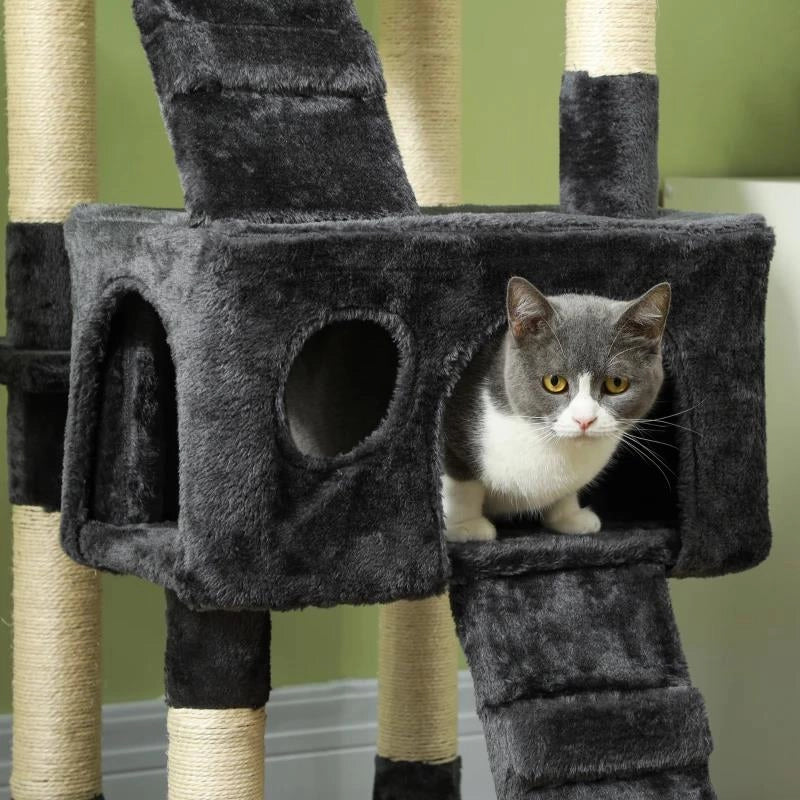 ALBERO TIRAGRAFFI PER GATTI CON 3 POSATOI, 2 CASETTE E GIOCHI APPESI, IN LEGNO E PELUCHE, 49X49X173 CM, GRIGIO