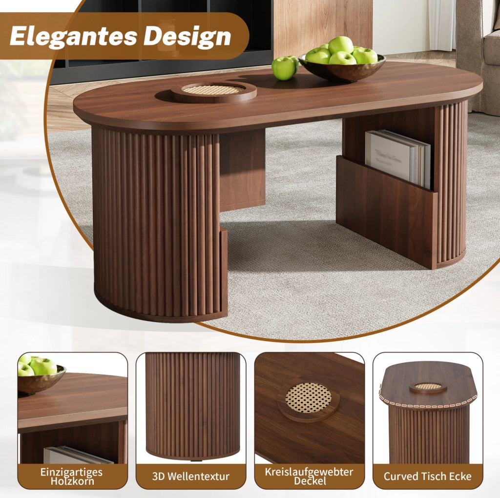Tavolino da caffè ovale con vani contenitore; 105 x 50 x 46;5 cm; MDF color noce