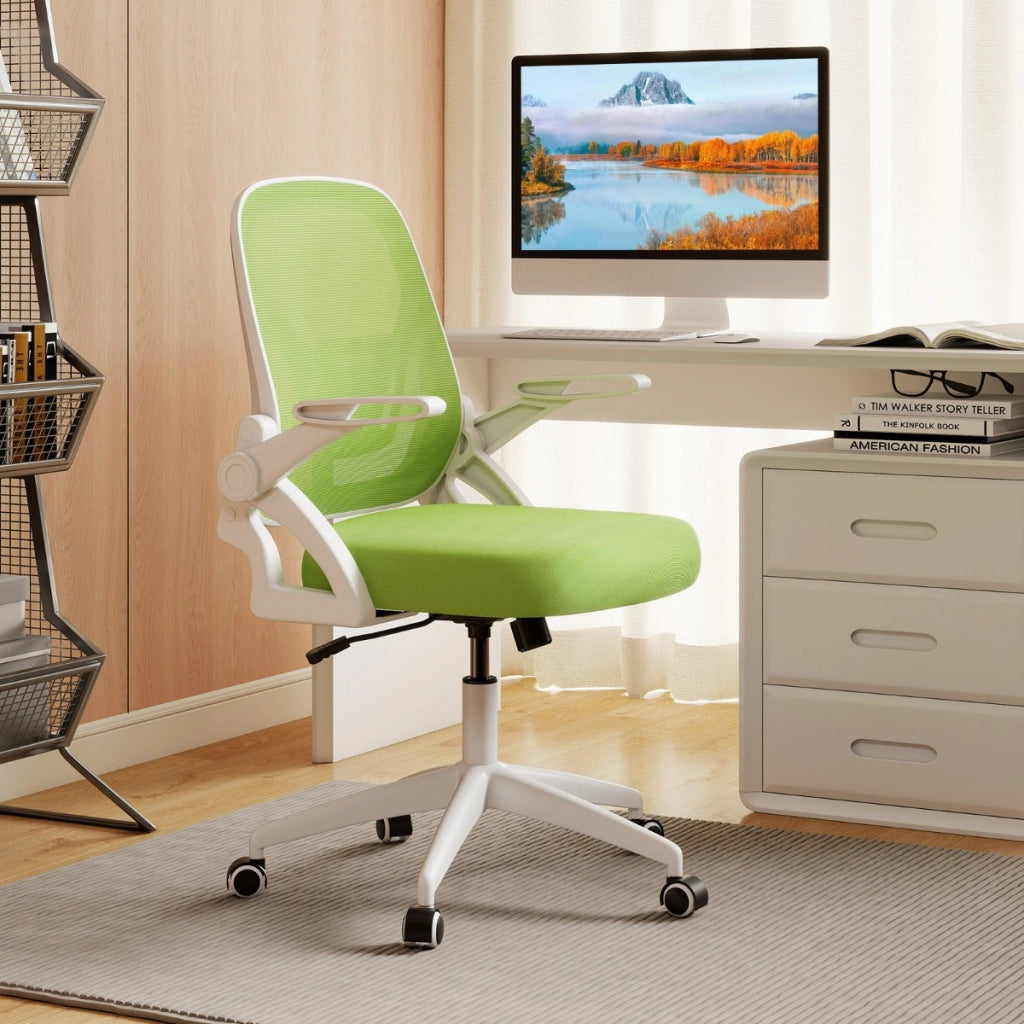 Sedia da scrivania ergonomica in rete con supporto lombare e braccioli ribaltabili, Sedia da lavoro girevole Verde-Sedie da ufficio