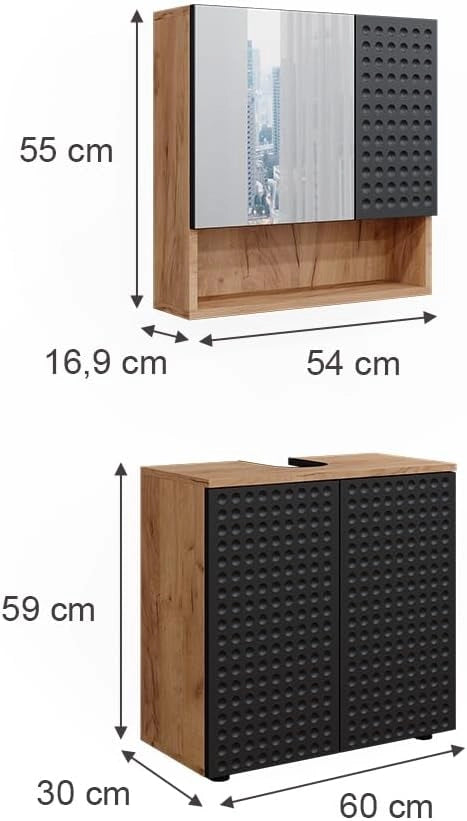 Set mobili bagno Irma, Antracite puntinato, 80 cm, composto da specchio da bagno e mobile sottolavabo