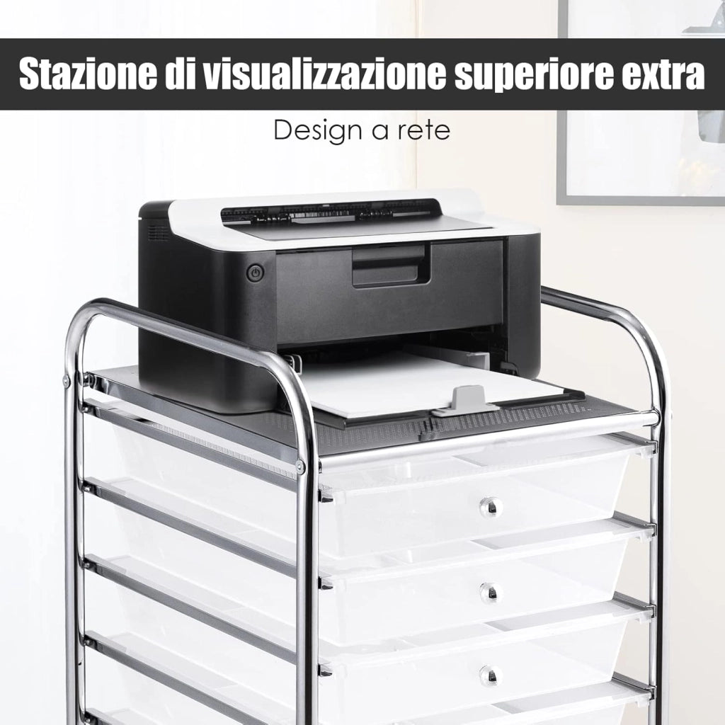 Carrello con 10 Cassetti da Stoccaggio, Cassettiera di Metallo e Plastica, Contenitore Multiuso con Ruote a Freno, per Casa e Ufficio (Trasparente)
