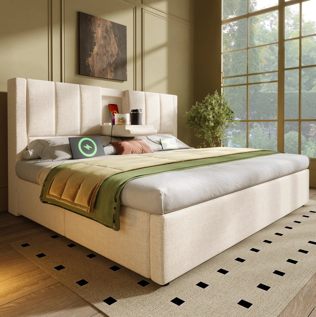 Letto matrimoniale imbottito 140x200 cm in lino beige con contenitore; presa di ricarica e portabicchieri