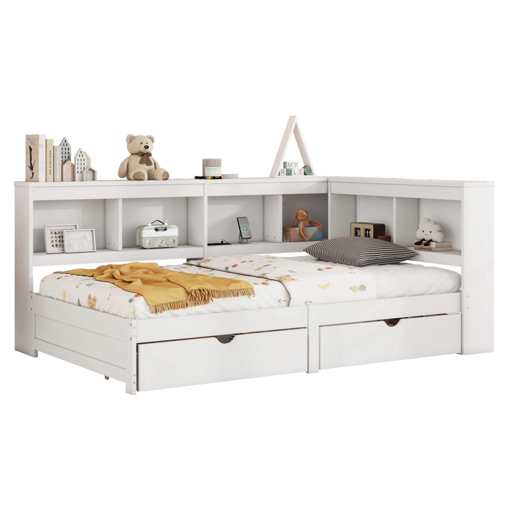 Divano letto daybed 90x200 cm con 2 cassetti; prese e 2 porte USB; bianco