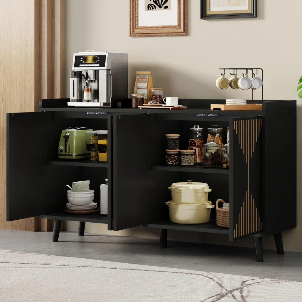 Credenza da cucina nera con 4 ante e ripiani regolabili