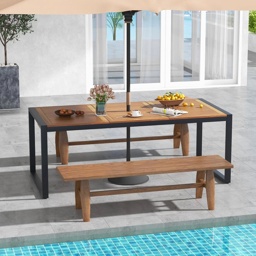 Tavolo da Giardino con Foro per Ombrellone, Tavolo da Pranzo a 8 Posti in Legno di Acacia e Metallo, Tavolo Rettangolare con Piedini Regolabili, per Esterno, Balcone, Cortile, 200x90x75 cm