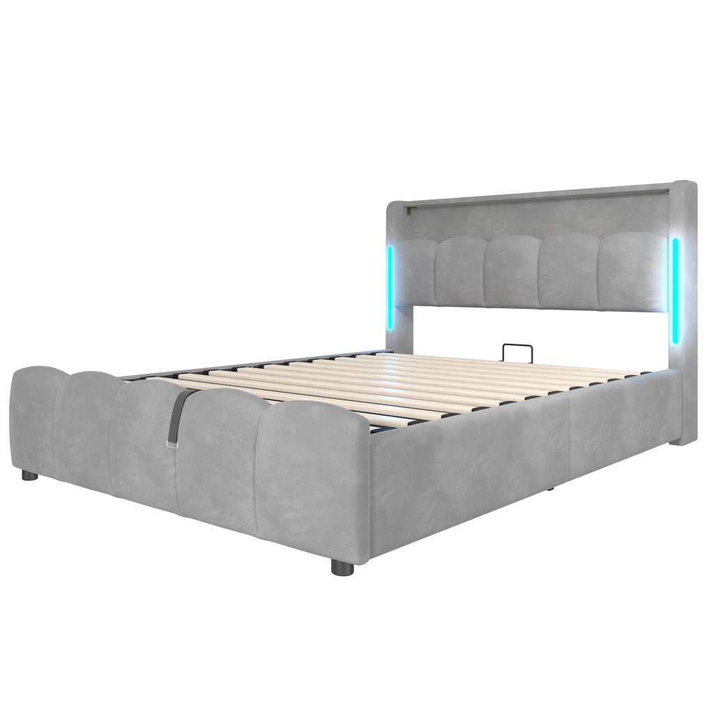 OKWISH Letto Contenitore 140×200 cm, Letto Matrimoniale con LED Regolabile, USB, Tipo C e Vano Contenitore in Testiera, senza Materasso, Velluto, Grigio