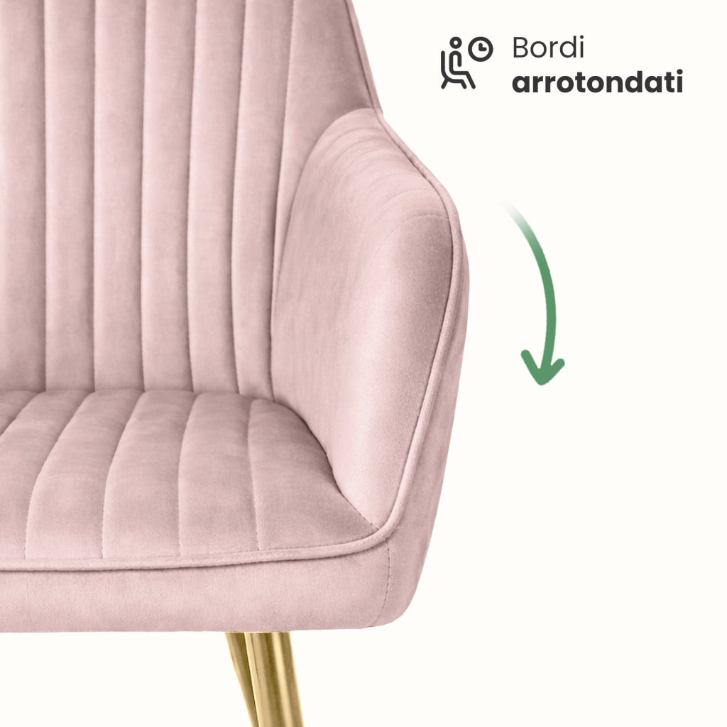 Set di 4 Sedie in velluto con cuciture verticali FLORENCE Rosa Cipria gambe oro
