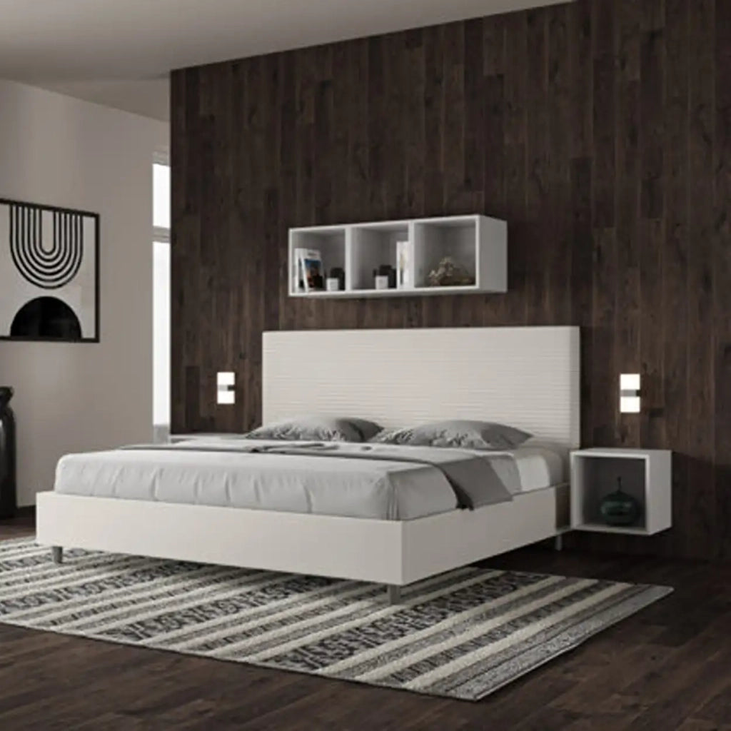 Letto matrimoniale king size con rete imbottito 200x210 similpelle bianco Focus