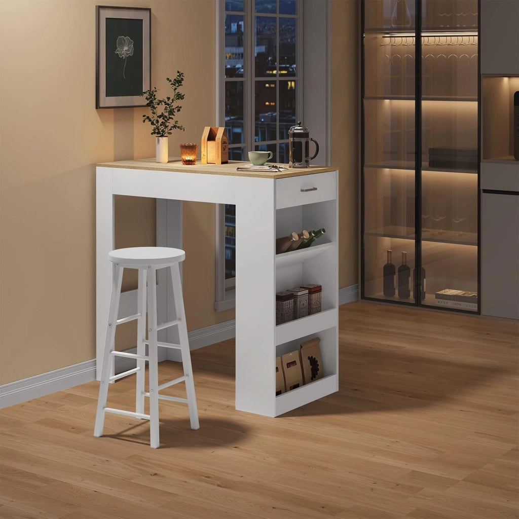 Tavolo da Bar, Bancone da Bar con 1 Cassetto e 3 Ripiani, Tavolo Penisola per Cucina, Pub, Bistrot, Legno Ingegnerizzato (Con assi di legno, Bianco+Rovere Chiaro, 100 x 50 x100 cm)
