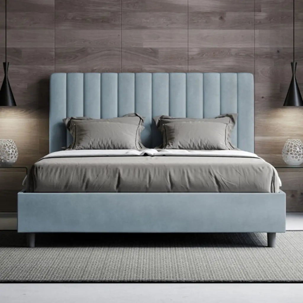 Letto matrimoniale francese contenitore imbottito 140x200 microfibra azzurro Agueda