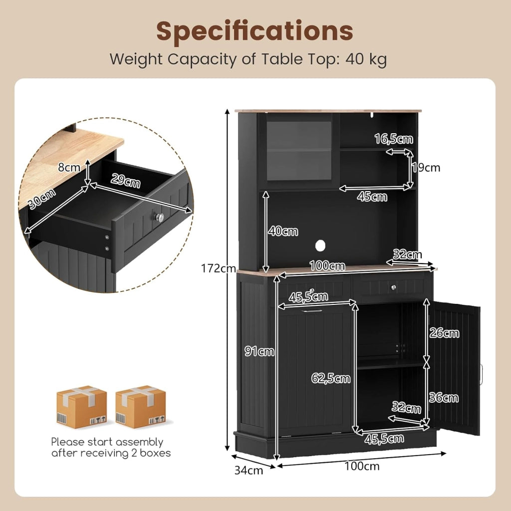 Credenza Alta da Cucina con Supporto per Bidoni della Spazzatura, Mobile Cucina Dispensa con Piano di Lavoro in Legno di Gomma, 2 Cassetti, Armadietto Buffet con Ripiani Regolabili (Nero)
