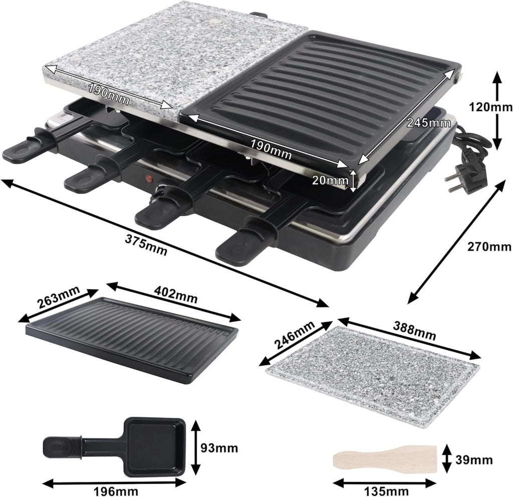 Raclette Grill per 8 persone, 1400 W, con 2 piastre in granito e 2 piastre antiaderenti, regolabile, moderno, acciaio inossidabile