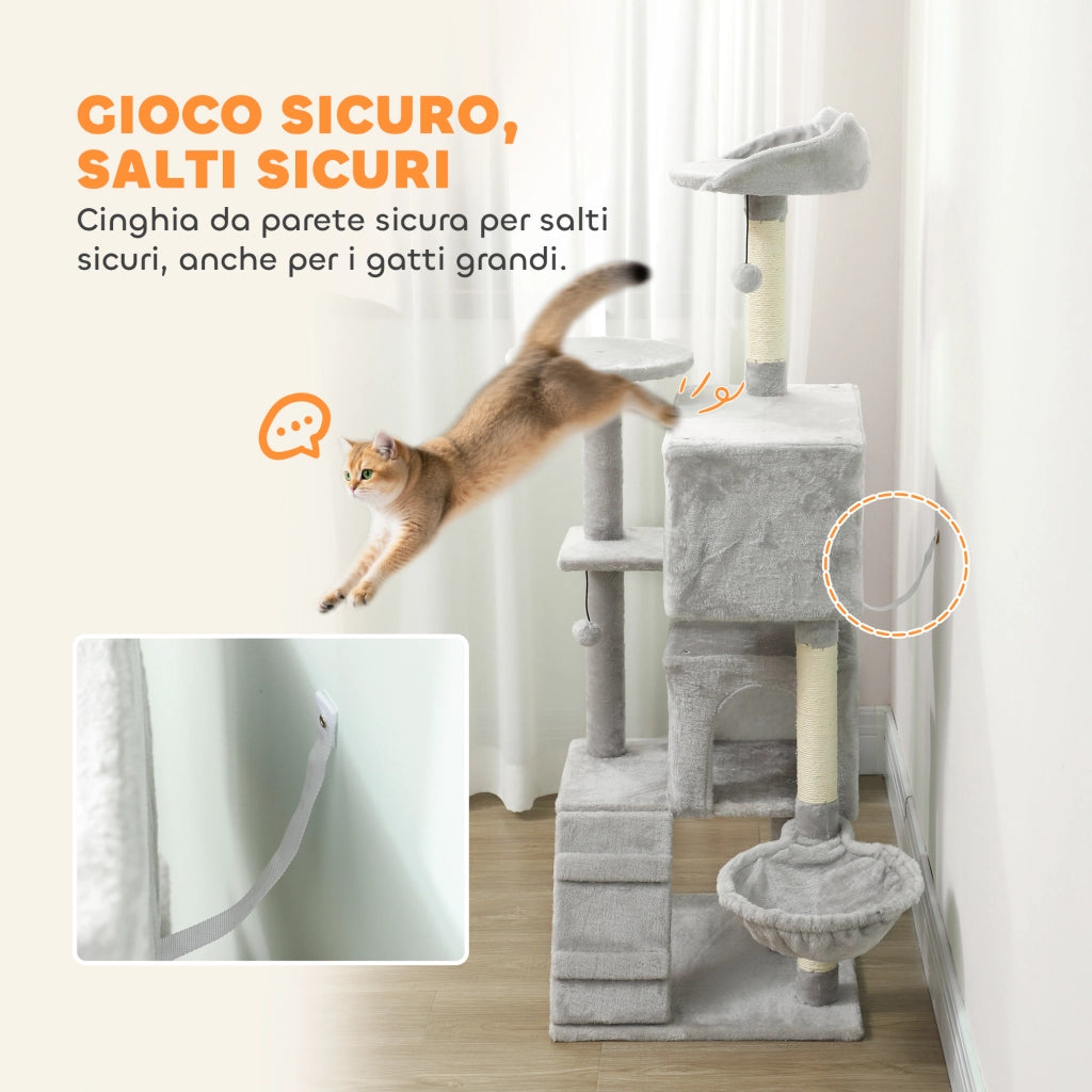 Albero Tiragraffi per Gatti Alto 140 cm con 2 Casette Amaca Lettino e Pali in Sisal Grigio
