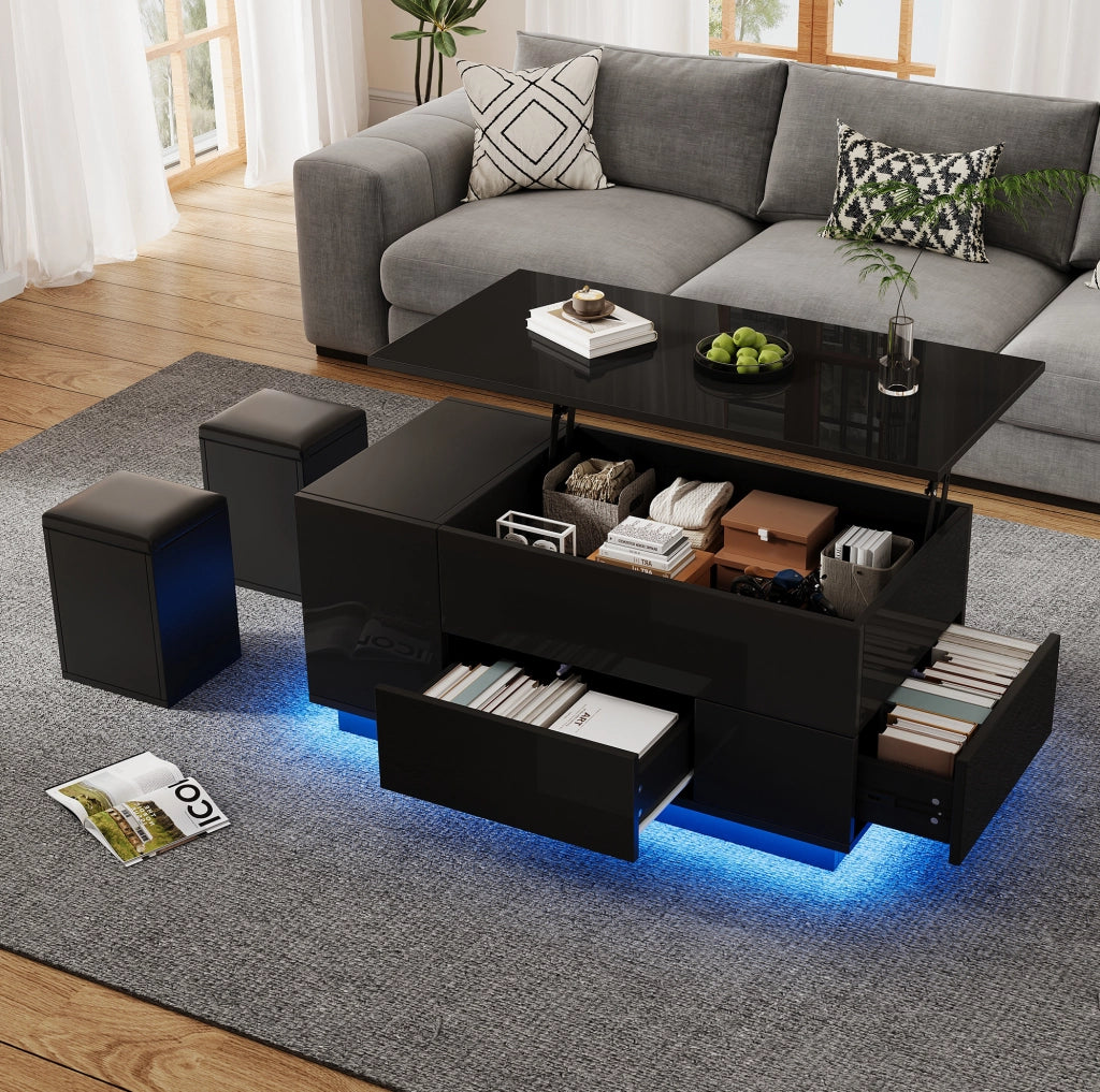 Tavolino da caffè 100x50x45 cm con alzata idraulica; LED; 2 cassetti e 2 sgabelli; truciolare nero
