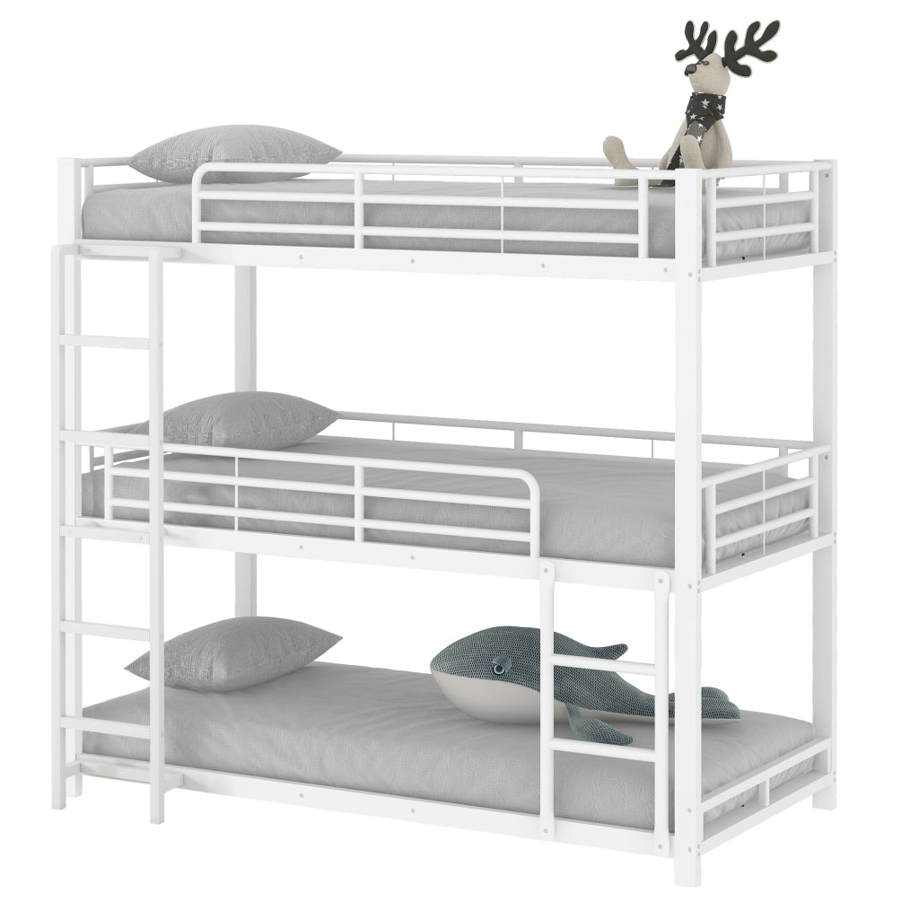 OKWISH Letto a Castello 90×200 cm, Letto 3 Posti con Scala, Sponde di Sicurezza e Struttura in Metallo, senza Materasso, Bianco