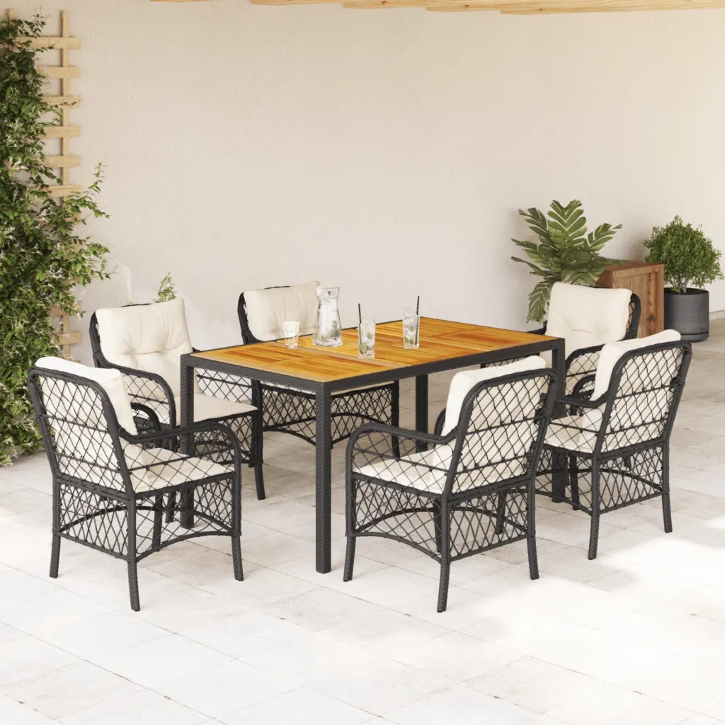 Set da Pranzo da Giardino 7 pz Nero con Cuscini in Polyrattan 3212039