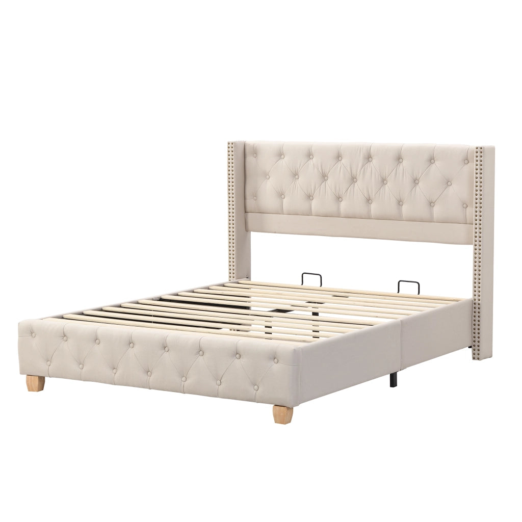 Letto capitonné – 140x190 cm – bottoni borchie gambe legno – lino beige