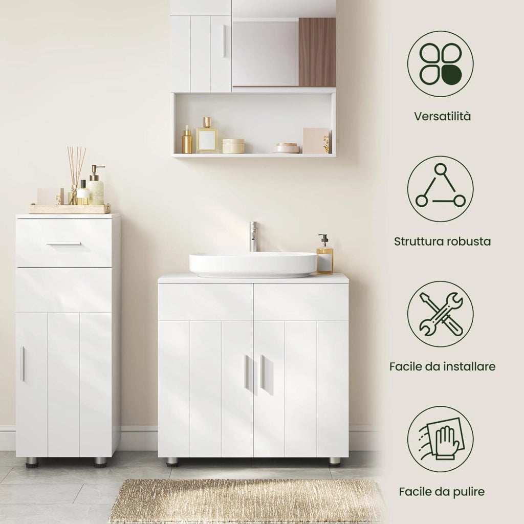 Mobile Sottolavabo per Bagno in MDF, Armadietto Salvaspazio con Ripiano Regolabile Mobiletto, Mobile Copricolonna con Maniglie e Gambe in Metallo, Bianco, Argento, 60x30x60cm