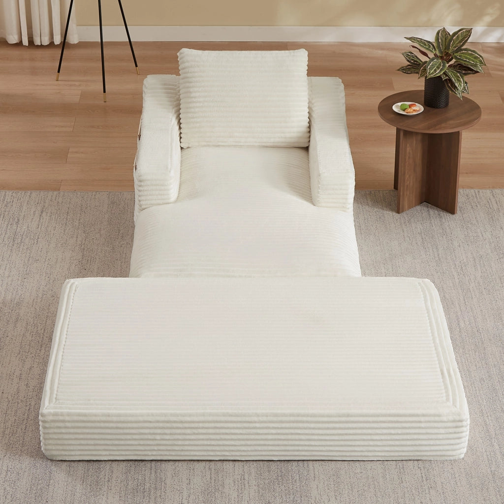 Poltrona reclinabile, poltrona con braccioli, divanetto singolo, velluto a coste, funzione letto, con cuscini, bianco