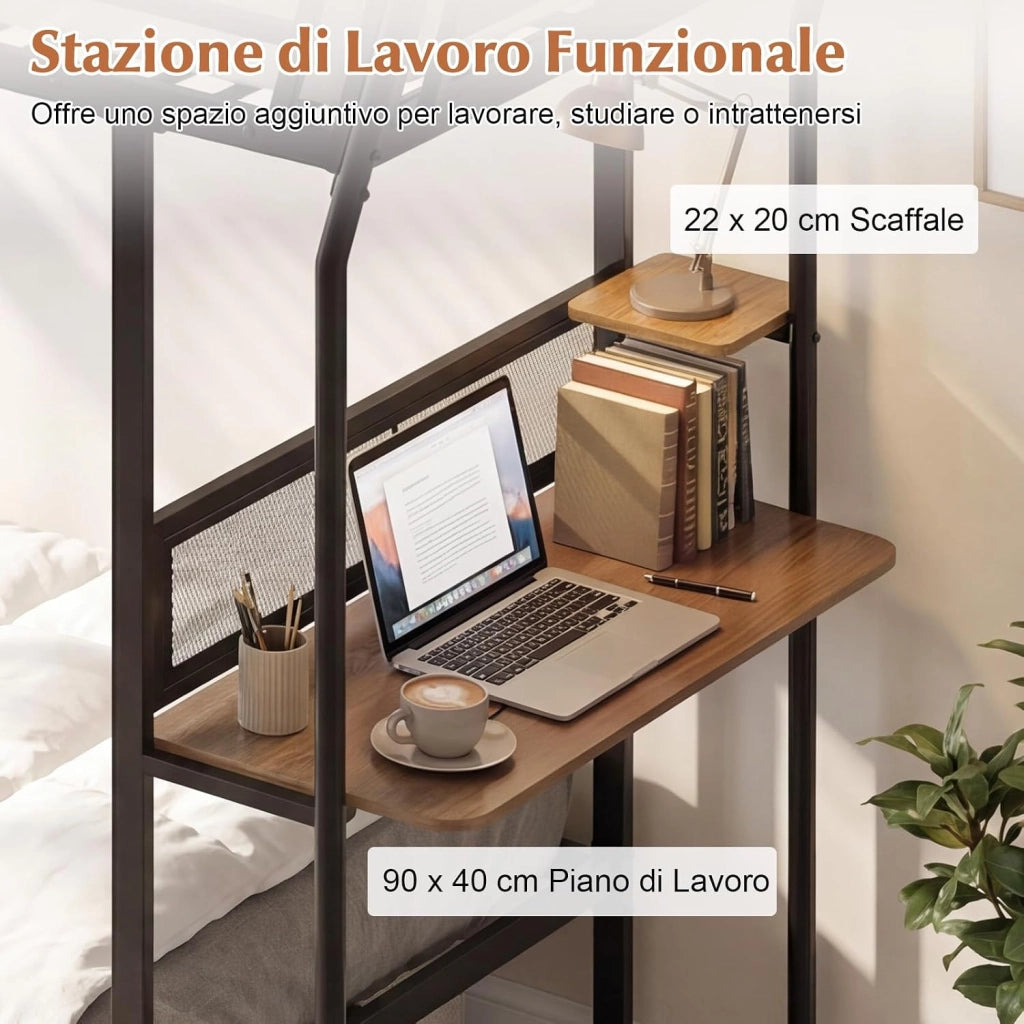 Letto a Castello con Scrivania, 90x190 cm, Struttura Letto in Metallo con Postazione di Lavoro in Legno, con Sponde di Sicurezza e Scala, Lettino Loft Carico 220 kg