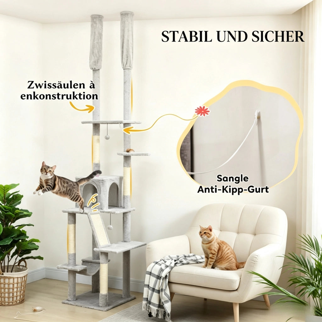 Tiragraffi regolabile in altezza con fissaggio a soffitto, altezza 225-255 cm, 6 livelli con nicchia e amaca.