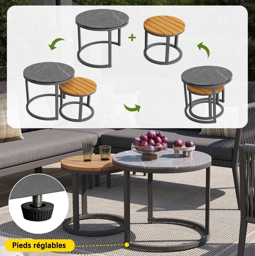 Set lounge da esterno modulare 6 pezzi con 2 tavolini; metallo e olefina; grigio