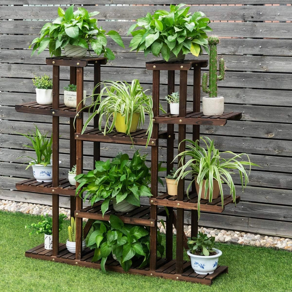 Scaffale Portapiante, Supporto per Fiori a 9 Ripiani in Legno, Spazioso Multifunzionale per Piante Libri e Decorazioni, per Esterno e Interno, Come Giardino/Balcone/Salotto (113x25x114cm)