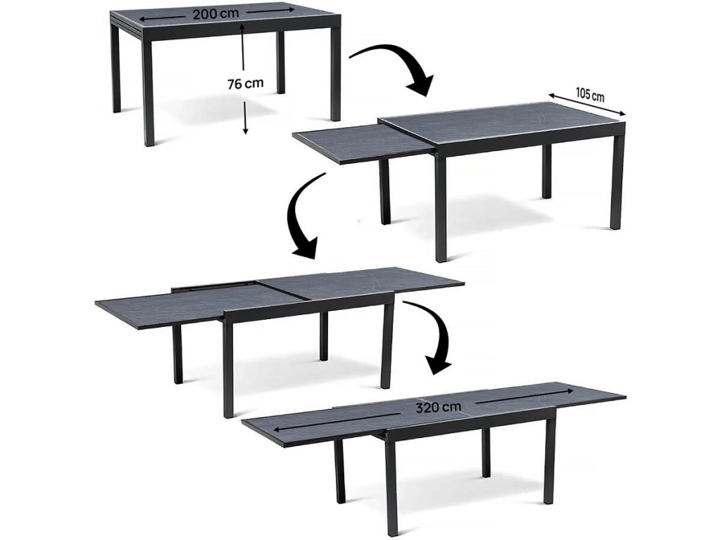 Set da pranzo da giardino estensibile "Lagos" - 200/320 x 105 x 76 cm - 10 sedie - Grigio scuro
