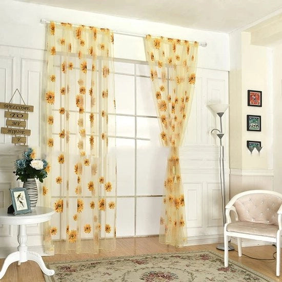 Tessuto di Organza per Finestre - Motivo Fiorale - Giallo - Dimensioni 100 x 200 cm
