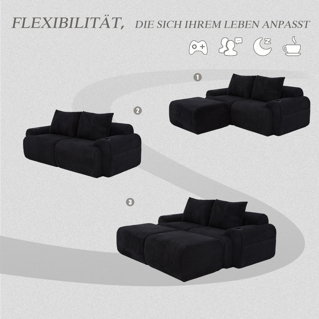 Divano modulare 2 posti con portabicchieri e tasca laterale, in velluto a coste nero, 200 × 174 × 80 cm