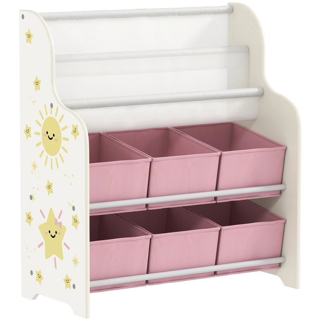 Scaffale Portagiochi per Bambini 63x30x71 cm con 6 Cassetti in Tessuto e Libreria a 2 Livelli in Legno e Acciaio Rosa