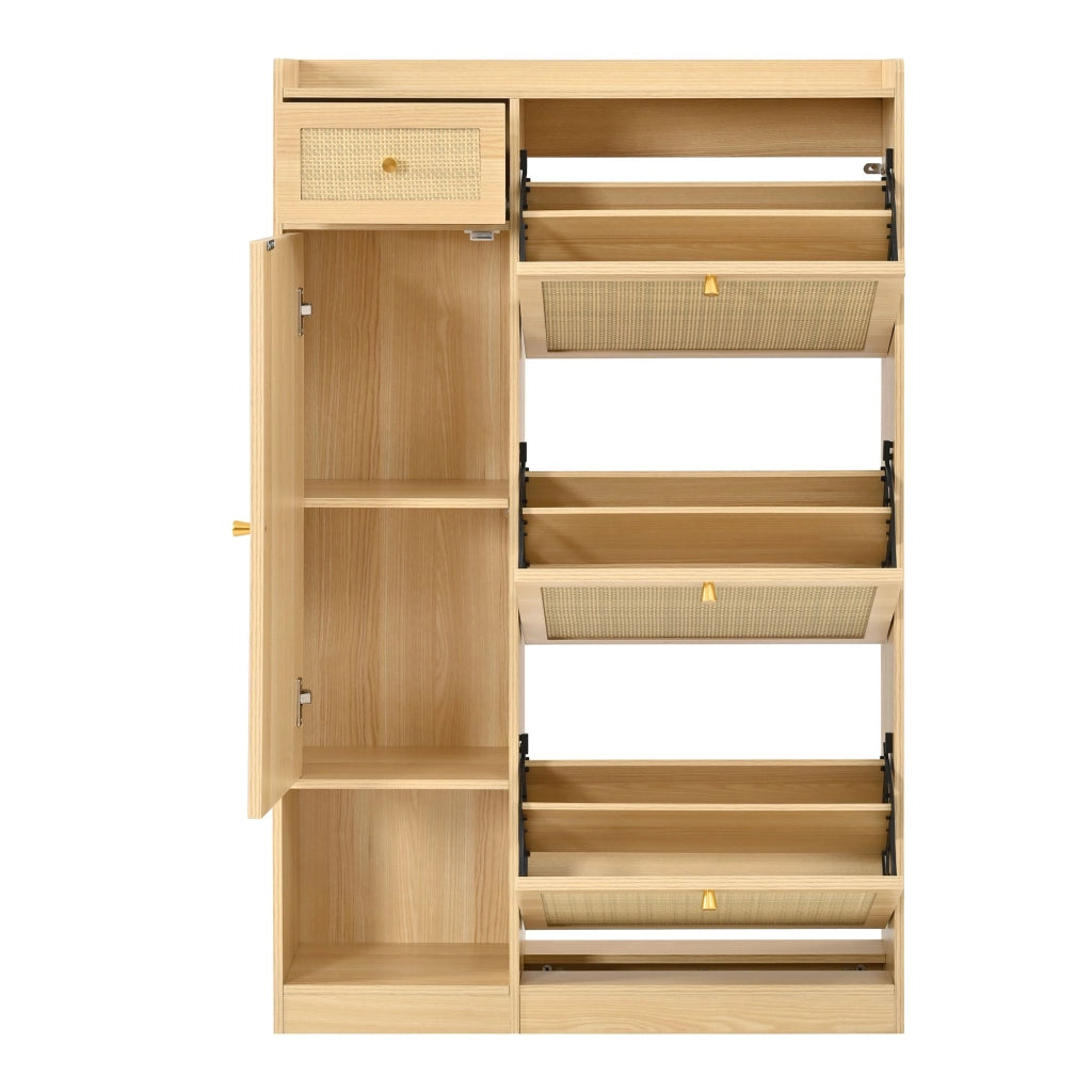Scarpiera, mobile da ingresso, finitura in vimini, 3 sportelli ribaltabili, con cassetti, 80,5 x 25 x 125 cm, colore legno naturale