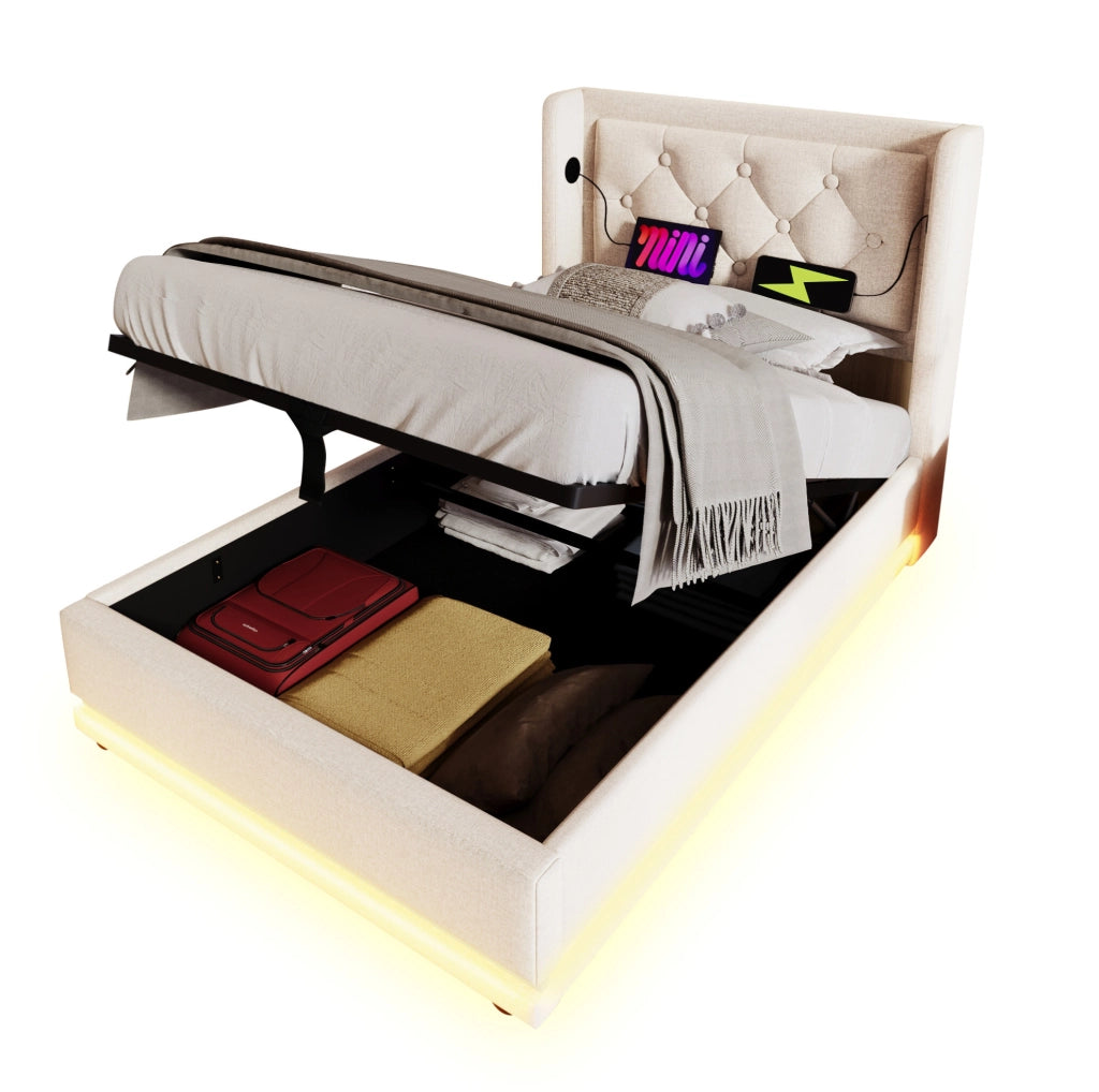 Letto singolo imbottito 90x200 cm in cotone beige con contenitore; USB Type-C e LED