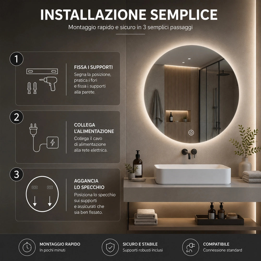 Specchio Tondo Diametro 60cm Led a 3 Colori Decorazione Interni Accensione Touch
