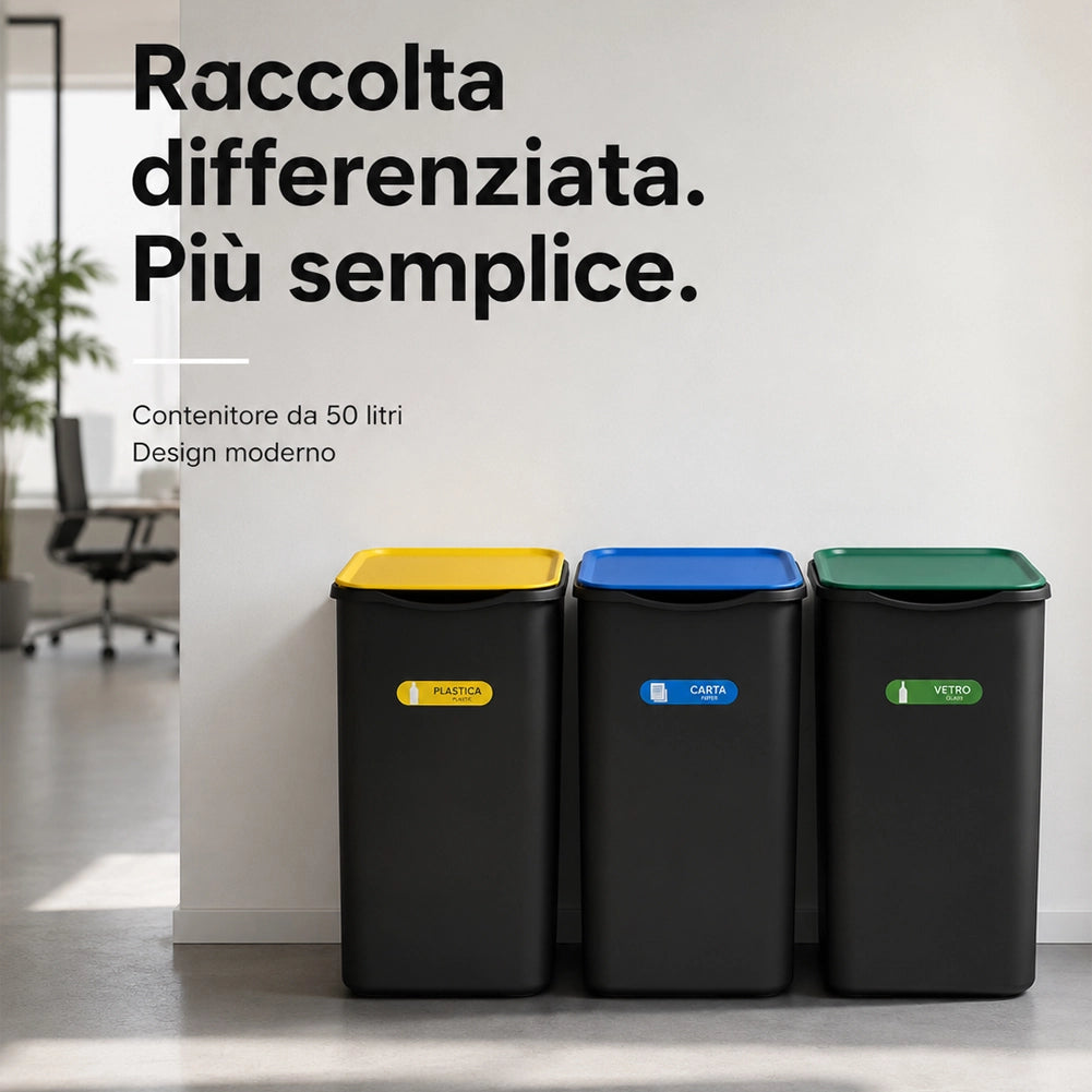 Set 3 Pattumiere Bidoni Raccolta Differenziata Spazzatura da 50 L 37.5x36x62 cm