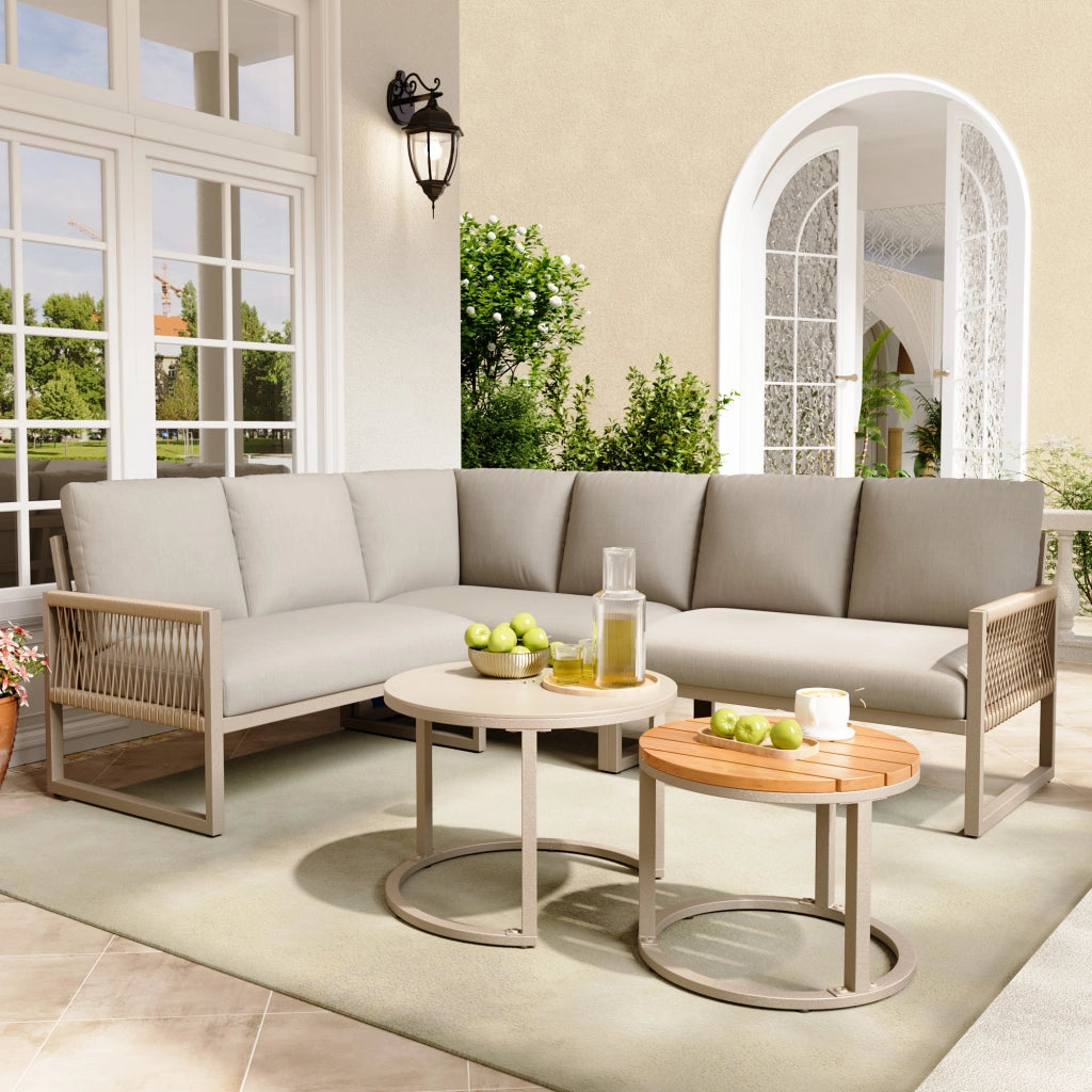 Set giardino 6-7 persone: Divanooo angolare; ferro zincato; piedini regolabili; cuscini inclusi; beige